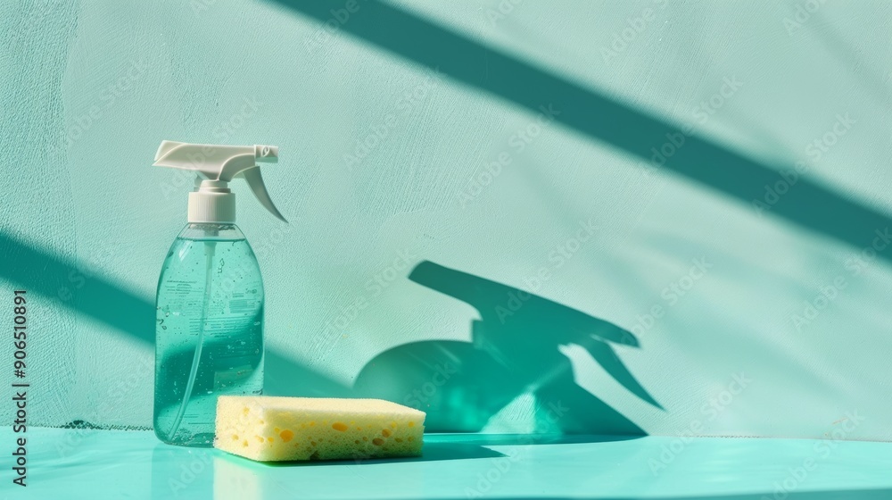 Spray Bottle and Sponge on Blue Background Spray Bottle and Sponge on Blue Background