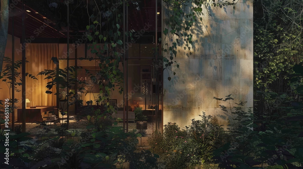 A Modern Wooden Building Partially Hidden by Lush Greenery A Modern Wooden Building Partially Hidden by Lush Greenery
