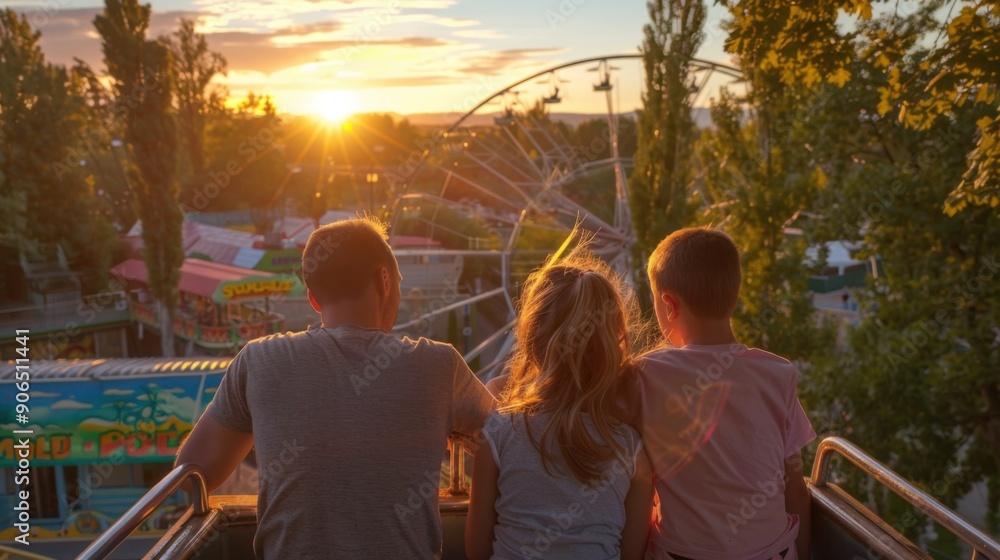 A family enjoys a beautiful sunset view from a Ferris wheel at an amusement park, capturing a precious moment together. A family enjoys a beautiful sunset view from a Ferris wheel at an amusement park, capturing a precious moment together.