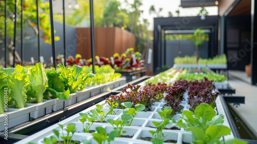 Growing herbs and vegetables. Automatic UPVC Hydroponics Farm Setup. Innovative techniques used in agriculture. Hightech smart farming technology.  photo