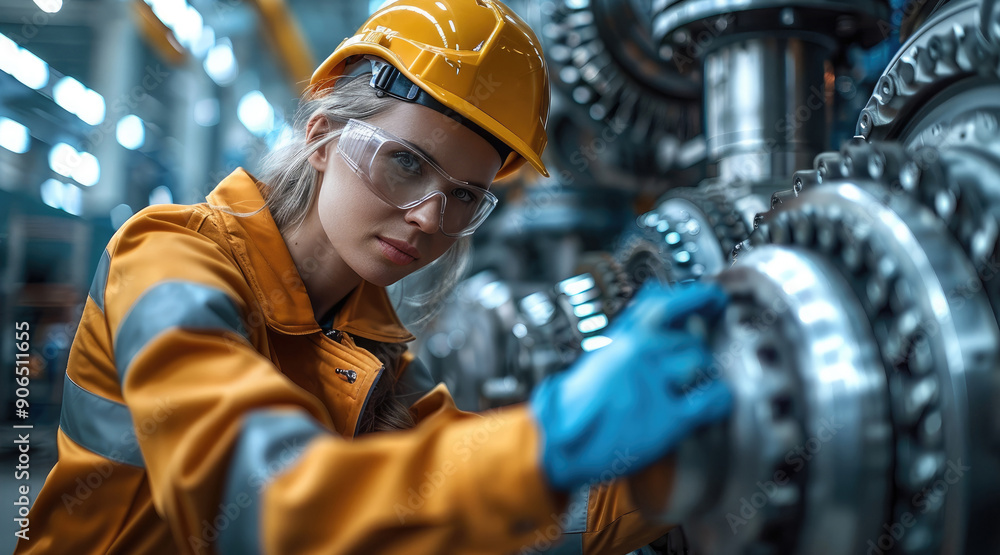 A quality control engineer inspects heavy machinery components in a large industrial plant. Wearing protective gear, the engineer carefully examines parts for defects. Generative AI. A quality control engineer inspects heavy machinery components in a large industrial plant. Wearing protective gear, the engineer carefully examines parts for defects. Generative AI.