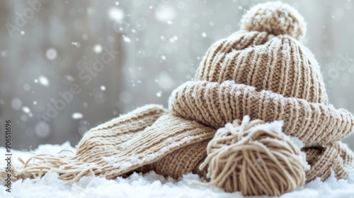 Winter Knitted Hat and Scarf with Snowflakes photo