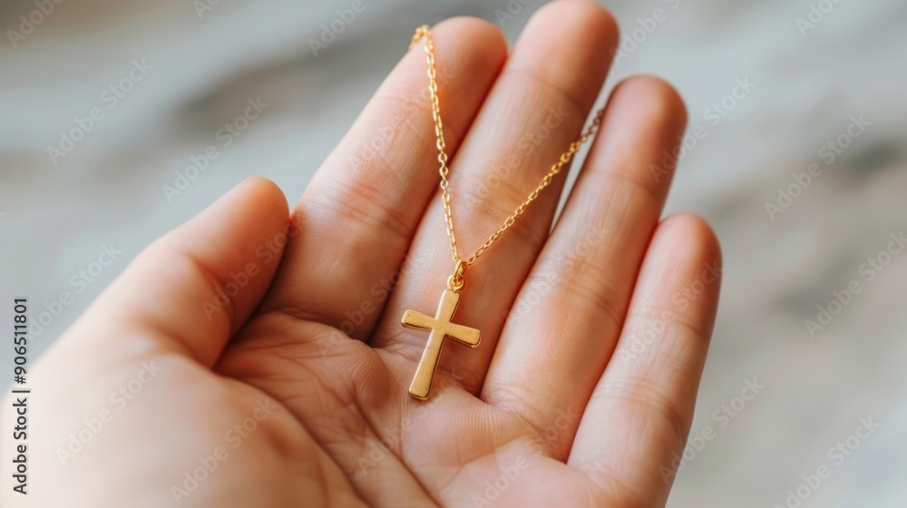 Close-Up of Hand Holding Cross Necklace Against Plain Background Close-Up of Hand Holding Cross Necklace Against Plain Background