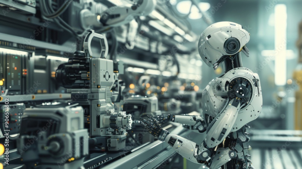 A humanoid robot working meticulously on an assembly line in a modern industrial environment, showcasing advanced technology and automation. A humanoid robot working meticulously on an assembly line in a modern industrial environment, showcasing advanced technology and automation.