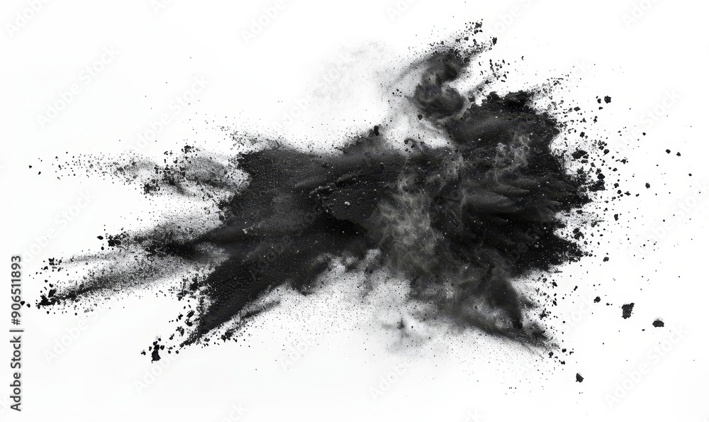 Black chalk pieces and dust flying, effect explode isolated on white, Generative AI Black chalk pieces and dust flying, effect explode isolated on white, Generative AI