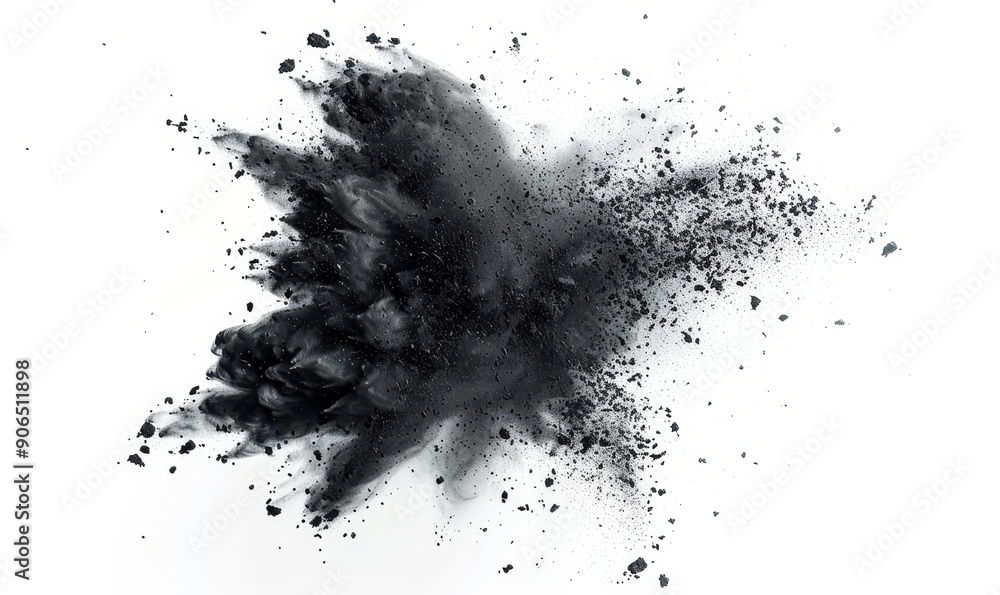 Black chalk pieces and dust flying, effect explode isolated on white, Generative AI Black chalk pieces and dust flying, effect explode isolated on white, Generative AI