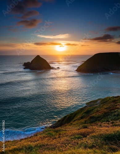 The sun setting between the 2 islands off Holywell Bay, Newquay, Cornwall, UK photo