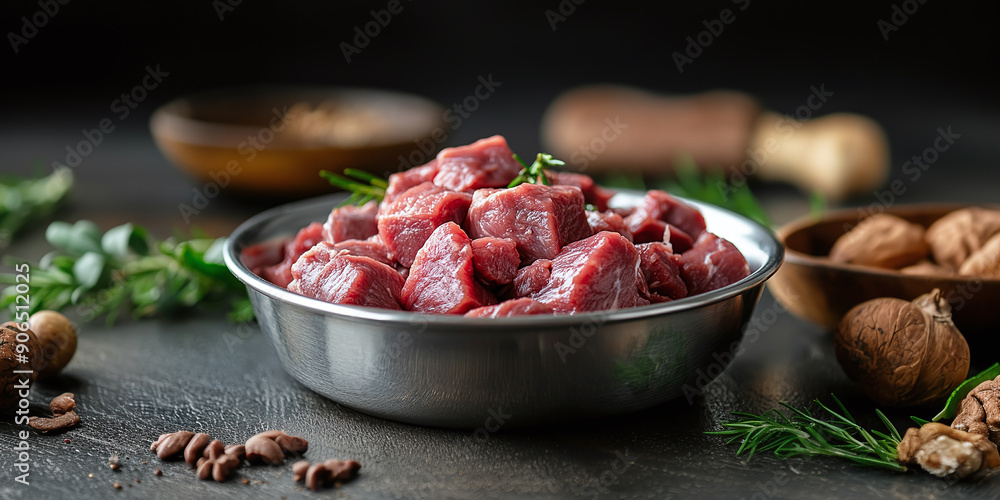 Dog bowl filled with fresh raw meat for a pet's meal. Concept Pet Nutrition, Raw Meat, Dog Bowl, Pet Food, Healthy Diet Dog bowl filled with fresh raw meat for a pet's meal. Concept Pet Nutrition, Raw Meat, Dog Bowl, Pet Food, Healthy Diet