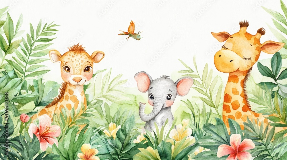 Fototapeta premium Watercolor baby safari animals in a jungle scene with tropical plants