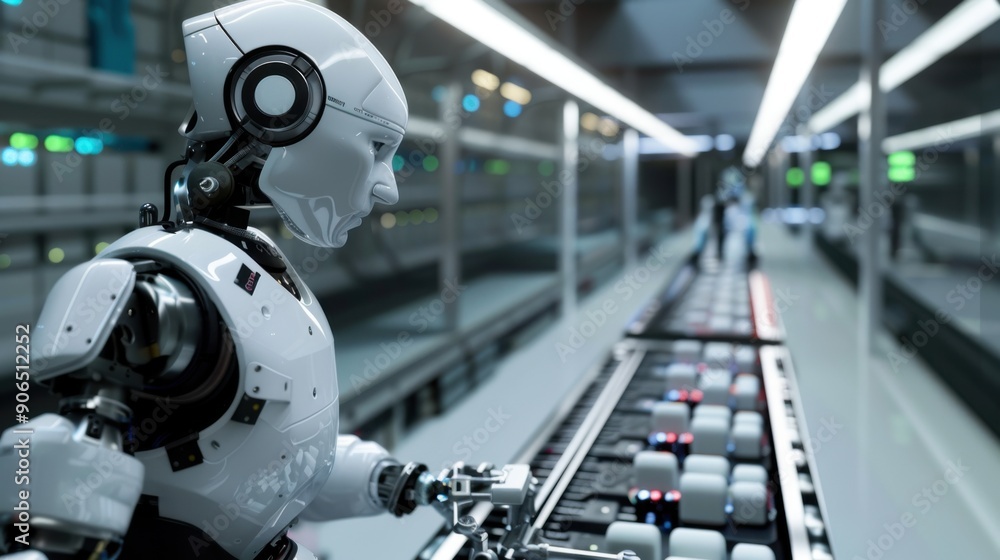 Advanced robot using artificial intelligence technology in a futuristic factory for automated production. Industrial automation concept. Advanced robot using artificial intelligence technology in a futuristic factory for automated production. Industrial automation concept.