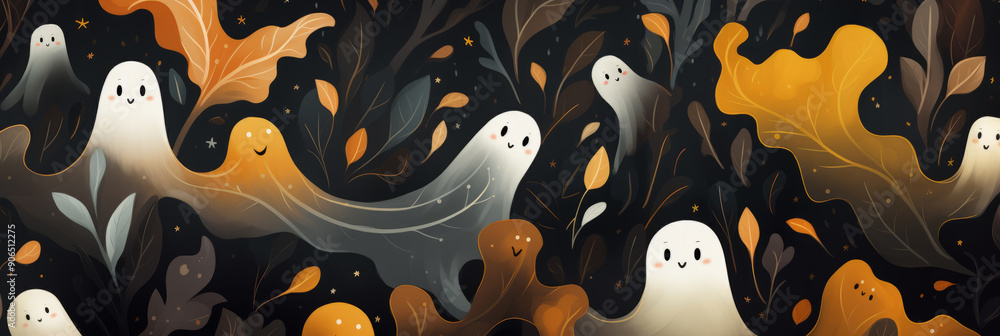 Whimsical autumn pattern with ghosts, bats and falling leaves for Halloween celebration. Whimsical autumn pattern with ghosts, bats and falling leaves for Halloween celebration.