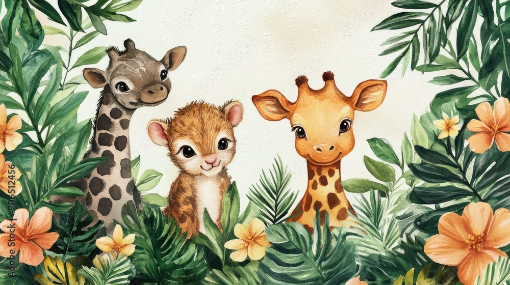 Obraz premium Watercolor baby safari animals in a jungle scene with tropical plants