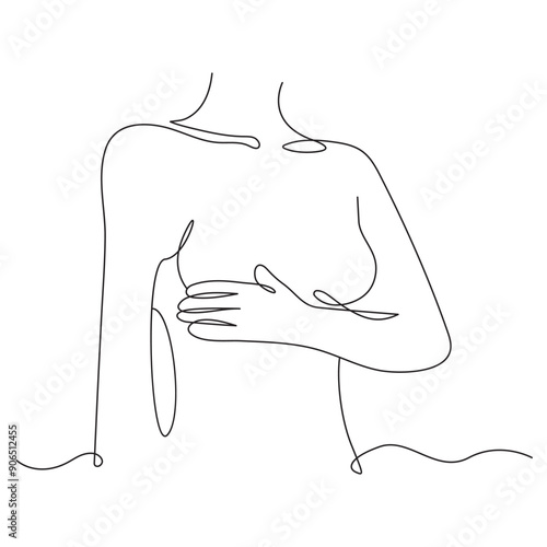 Continuous one line drawing of a breast cancer and pink ribbon.