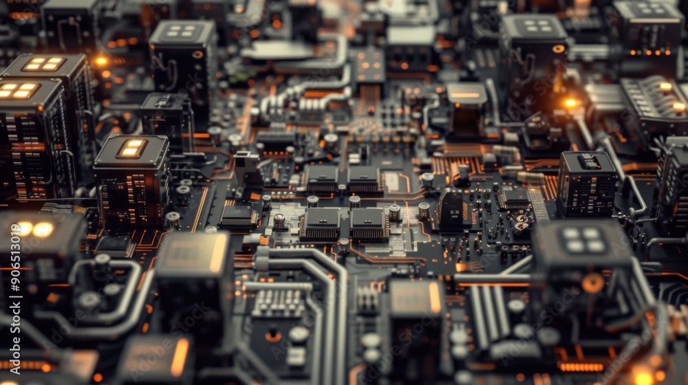 Close-up of a complex circuit board with intricate electronic components, showcasing modern technology and engineering marvels. Close-up of a complex circuit board with intricate electronic components, showcasing modern technology and engineering marvels.