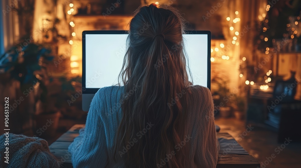 Woman Working on Computer at Home Office with Cozy Lighting and Warm Atmosphere, Rear View of Female with Long Hair, Focused on Screen, Evening Work or Study Environment Woman Working on Computer at Home Office with Cozy Lighting and Warm Atmosphere, Rear View of Female with Long Hair, Focused on Screen, Evening Work or Study Environment