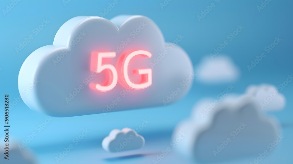 Abstract representation of 5G technology with glowing text in a cloud shape on a blue background, symbolizing modern wireless communication. Abstract representation of 5G technology with glowing text in a cloud shape on a blue background, symbolizing modern wireless communication.
