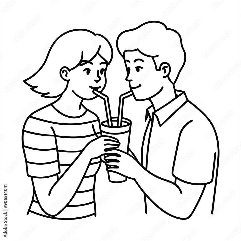 A couple sharing a milkshake with two straws line art vector A couple sharing a milkshake with two straws line art vector