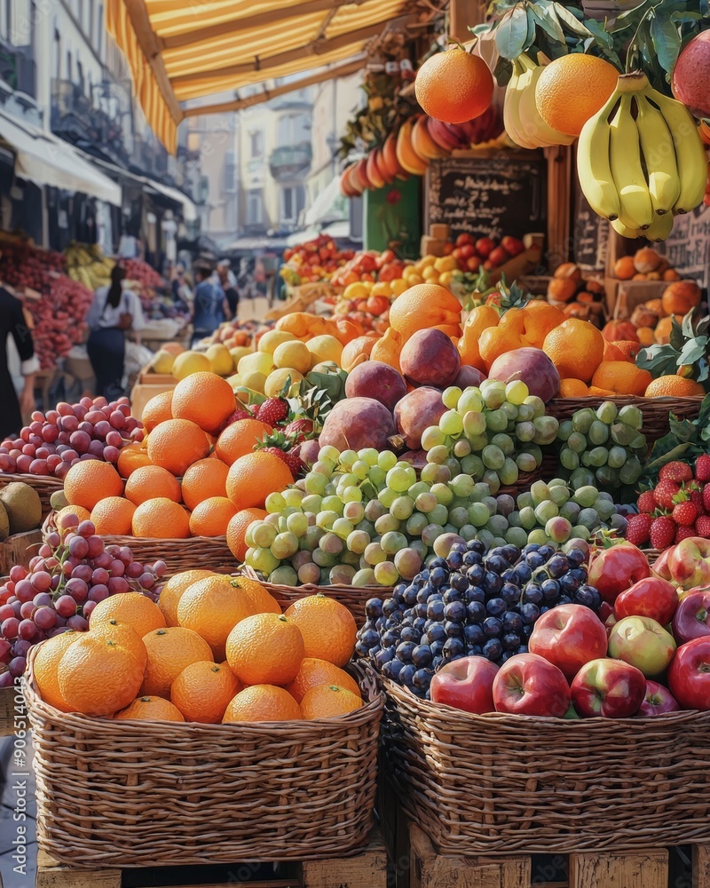 Vibrant Display of Fresh Fruits at Market Stall - Vertical Vibrant Display of Fresh Fruits at Market Stall - Vertical
