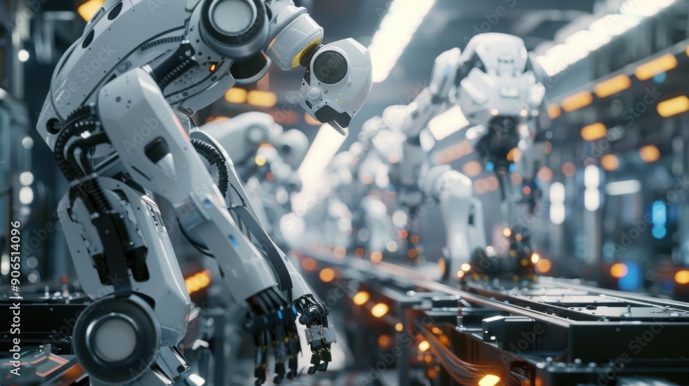 Futuristic assembly line with advanced robots working together in a high-tech factory. Innovation in industrial automation and robotics technology. Futuristic assembly line with advanced robots working together in a high-tech factory. Innovation in industrial automation and robotics technology.