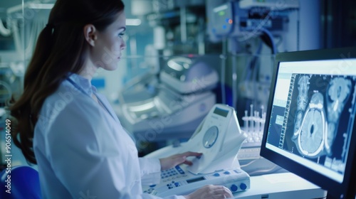 Female doctor analyzing MRI scan of a patient's brain on computer in a modern hospital or laboratory setting.