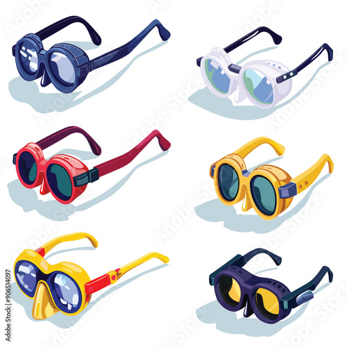 Six pairs colorful protective goggles displayed against light background, eyewear safety style. Various colors designs feature clear lenses, tinted, suitable sports, work, fashion. Cartoon style