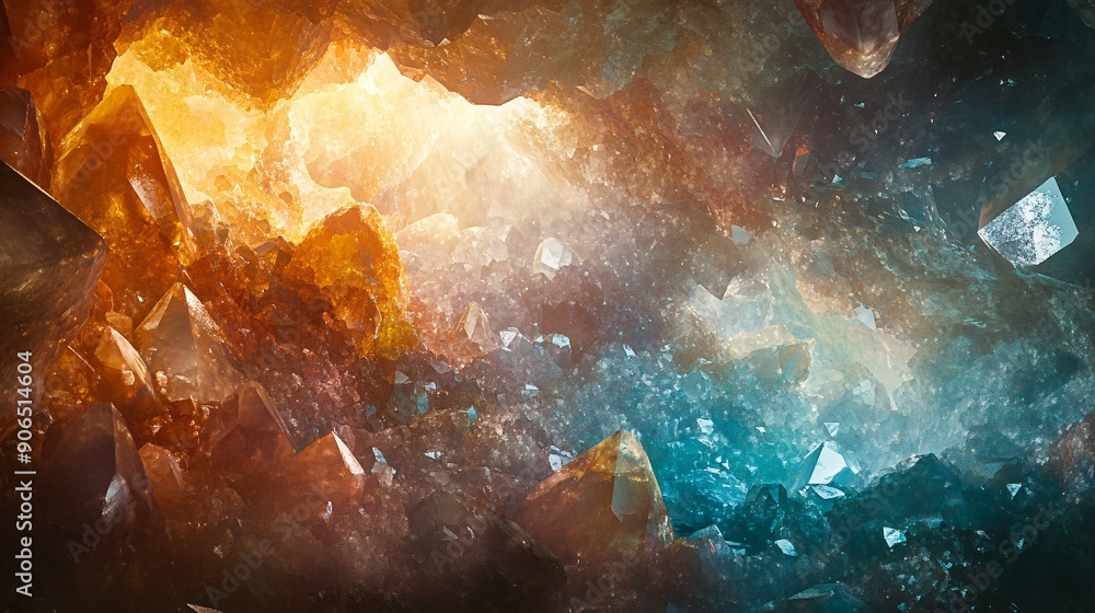 A mesmerizing interior of a crystal cavern, with large, faceted crystals reflecting and refracting light in a dazzling array of colors. The cavern floor is covered with smaller, sparkling crystal A mesmerizing interior of a crystal cavern, with large, faceted crystals reflecting and refracting light in a dazzling array of colors. The cavern floor is covered with smaller, sparkling crystal
