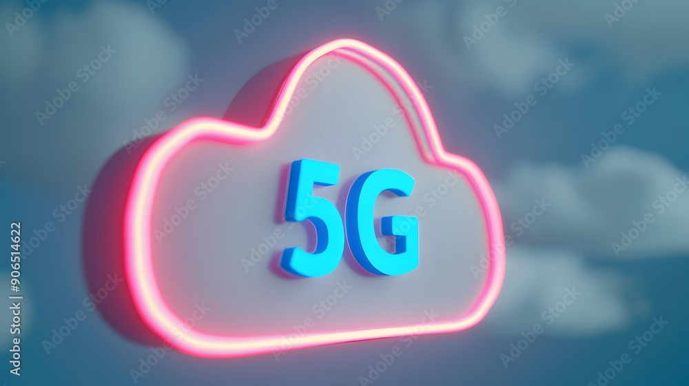 Bright 5G neon cloud illustration on a sky background representing modern wireless technology and connectivity advancements. Bright 5G neon cloud illustration on a sky background representing modern wireless technology and connectivity advancements.
