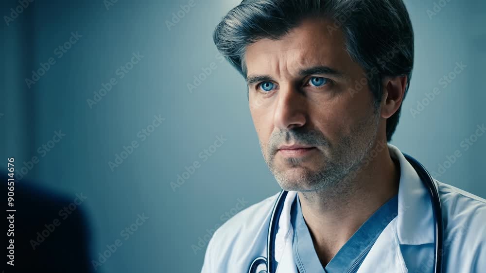 A man with a stethoscope on his neck is looking at a computer screen. He is a doctor. A man with a stethoscope on his neck is looking at a computer screen. He is a doctor.