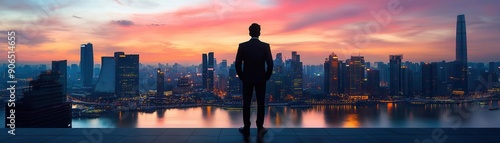 silhouette of a business professional standing on a rooftop overlooking a city skyline at dusk, photo-realistic, high resolution