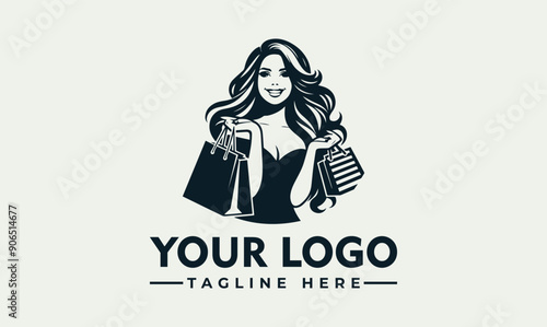 Smiling woman holding shopping bags vector logo desig suitable for fashion, retail, consumerism, shopping, lifestyle, and commercial concepts.