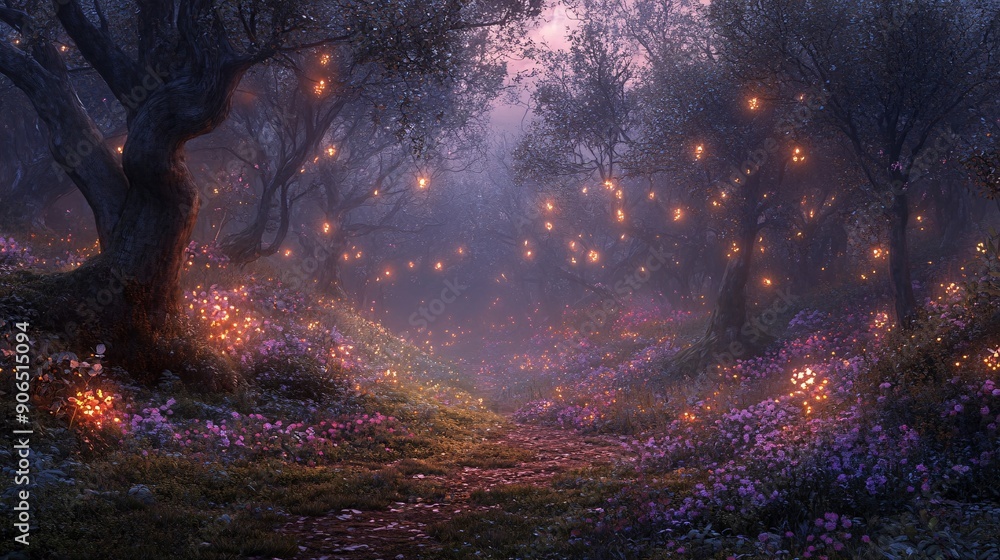 A dreamlike enchanted forest with trees whose branches are adorned with twinkling, fairy lights. The ground is covered with soft, luminescent moss and delicate, glowing flowers. A gentle, A dreamlike enchanted forest with trees whose branches are adorned with twinkling, fairy lights. The ground is covered with soft, luminescent moss and delicate, glowing flowers. A gentle,