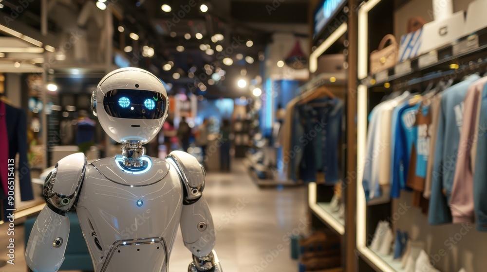 Humanoid robot navigating a modern retail store filled with clothes and accessories, showcasing advanced AI technology in shopping. Humanoid robot navigating a modern retail store filled with clothes and accessories, showcasing advanced AI technology in shopping.