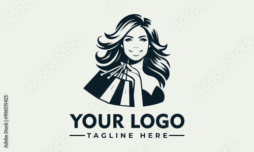 Smiling woman holding shopping bags vector logo desig suitable for fashion, retail, consumerism, shopping, lifestyle, and commercial concepts.