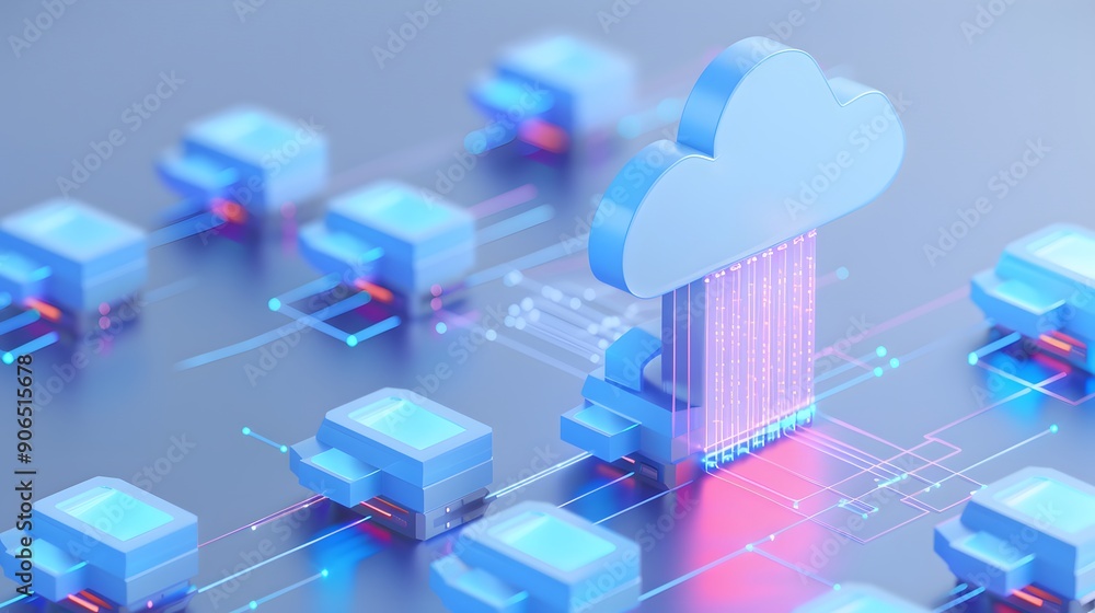 Cloud computing and network connectivity concept, featuring blue digital devices connected to cloud symbol. Cloud computing and network connectivity concept, featuring blue digital devices connected to cloud symbol.