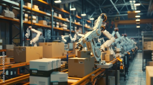Industrial robots organizing boxes on conveyor belts in a modern warehouse. Advanced technology streamlines logistics and packaging.
