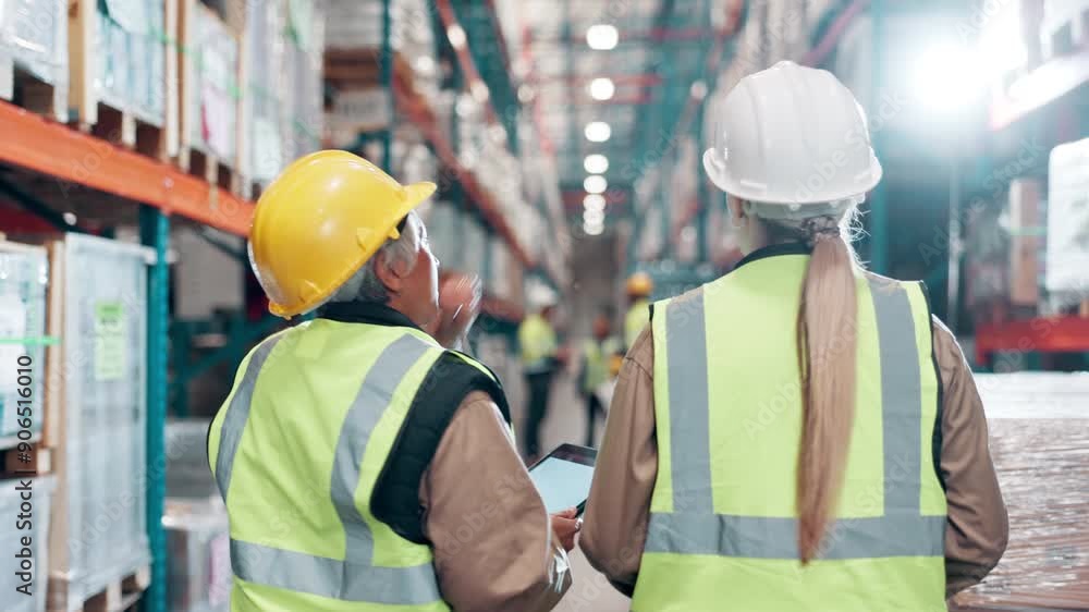 Logistics, discussion and women in warehouse with tablet for online checklist, distribution or management. Teamwork, planning and people in plant on digital app for supply chain inspection from back Logistics, discussion and women in warehouse with tablet for online checklist, distribution or management. Teamwork, planning and people in plant on digital app for supply chain inspection from back