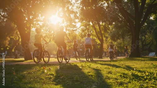 People enjoying a scenic bike ride through a sunlit park, with golden sunlight filtering through the trees and casting beautiful shadows.