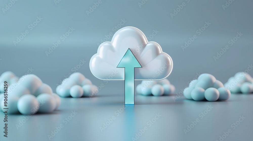 Cloud computing concept with an upward arrow signifying data upload in a virtual environment. Soft blue cloud icons in the background. Cloud computing concept with an upward arrow signifying data upload in a virtual environment. Soft blue cloud icons in the background.
