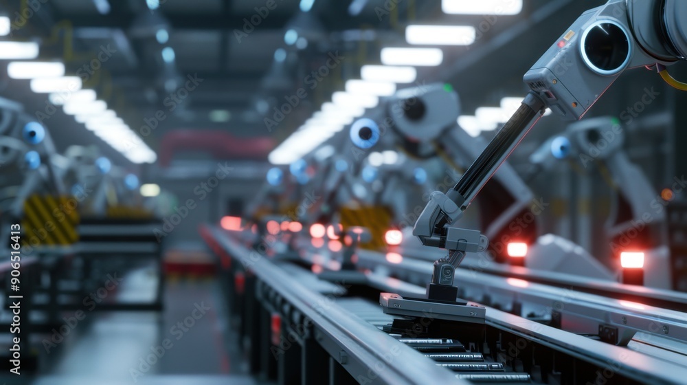 Fototapeta premium Robotic arms working on a modern production line in a factory, showcasing industrial automation and advanced manufacturing technology.