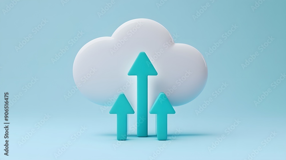 Cloud computing concept with cloud icon and upward arrows symbolizing data storage, transfer, and growth on a light blue background. Cloud computing concept with cloud icon and upward arrows symbolizing data storage, transfer, and growth on a light blue background.