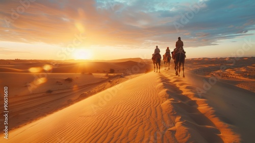 Three camels trek across a vast desert landscape at sunset, leaving shadows on the sand dunes under a stunningly colorful sky.