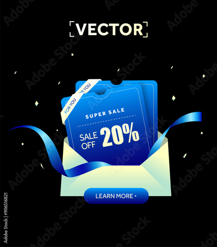 3d coupons in blue with coupon code, percentage off, in an envelope with ribbons, isolated on dark background. Discount vouchers for black Friday banner template. 3d vector. Vector illustration