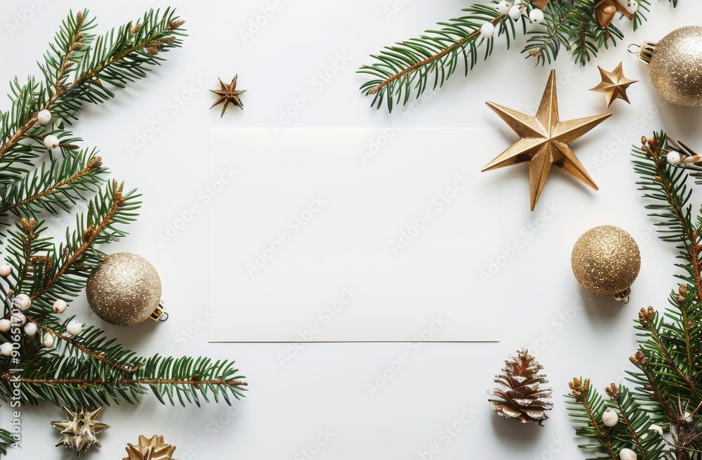 Stylish Christmas card mockup with white blank card surrounded by festive decorations Stylish Christmas card mockup with white blank card surrounded by festive decorations