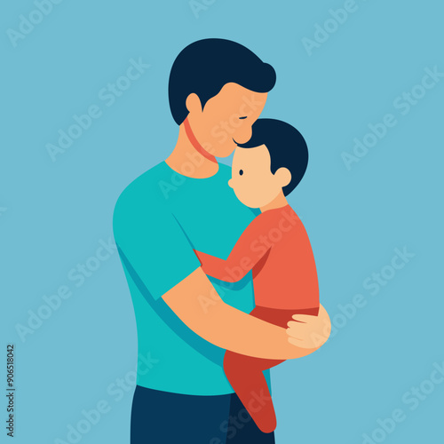 A father bends down and hugs his child tenderly vector illustration 