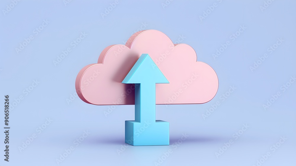 Cloud upload concept on a pastel blue background with a pink cloud and blue arrow symbolizing data transfer and storage. Cloud upload concept on a pastel blue background with a pink cloud and blue arrow symbolizing data transfer and storage.