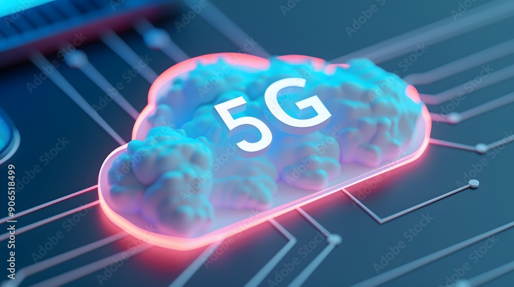 Cloud-shaped 5G icon floating above a digital circuit board, symbolizing advanced communication technology and rapid data transfer. Cloud-shaped 5G icon floating above a digital circuit board, symbolizing advanced communication technology and rapid data transfer.