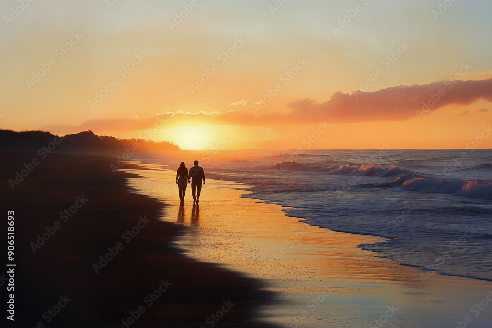 Romantic Couple Holding Hands Walking Along the Beach at Sunrise with Reflective Waves and Serene Sky - Captivating Morning Coastal Landscape Romantic Couple Holding Hands Walking Along the Beach at Sunrise with Reflective Waves and Serene Sky - Captivating Morning Coastal Landscape