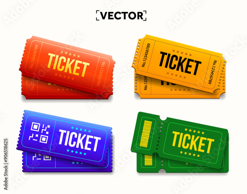 3d ticket template set in different color with QR code, bar code, isolated on white background. 3d ticket icon or symbol for airplane or train, movie or concert. Vector illustration. Vector