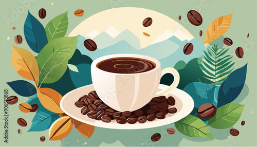 Immagine vettoriale che raffigura una tazzina di caffè circondata da grani di caffè e foglie verdi, esprimendo eleganza e gusto in uno stile grafico moderno.