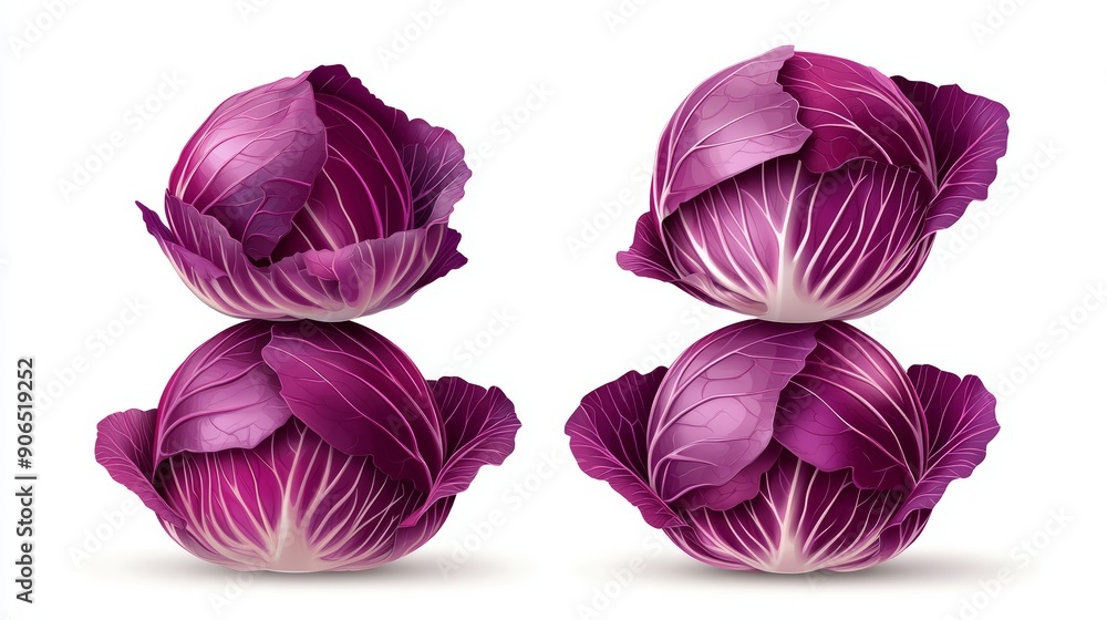 Stacked red cabbage heads, deep purple, textured leaves, flat design illustration, ultra HD Stacked red cabbage heads, deep purple, textured leaves, flat design illustration, ultra HD